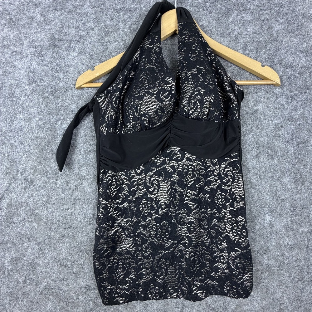 Y2K Viva You Halter Top‎ Womens Large Black Floral Lace Stretch Sleeveless Party